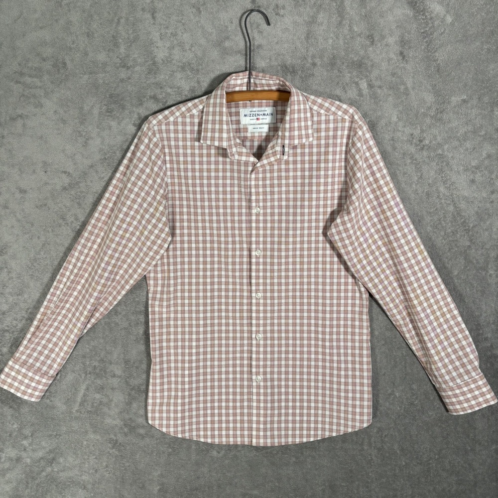 Mizzen+Main Shirt Mens Medium Leeward Brown Gingham Plaid Trim Fit Performance
